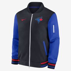 Featuring special team details and colors, the Authentic Collection City Connect Game Time Bomber Jacket helps you warmly showcase the home of your Toronto Blue Jays in cold, inclement weather. Its water-resistant twill fabric is built for heavyweight coverage on game day. Nike Navy Sports Outerwear, Blue Team Spirit Outerwear For Streetwear, Navy Collegiate Outerwear For Sports Events, Nike Black Sports Outerwear, Nike Black Outerwear For Sports Events, Nike Long Sleeve Outerwear For Sports Events, Nike Long Sleeve Outerwear For College, Nike Outerwear For Sports Events In Fall, Nike Fall Outerwear For Sports Events