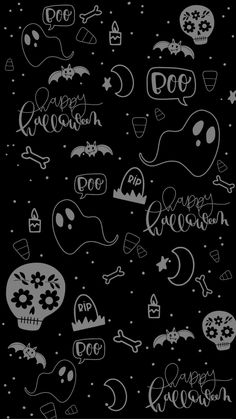 halloween doodles on black paper with white writing and ghost faces in the background,