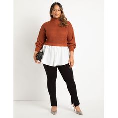 This easy-fit twofer sweater combines a mock neck with a woven peplum flounce hem, offering a tunic length that hits below the hip for layered styling. Plus Size Fall Skirt, Plus Size Sweater Vest, Twofer Sweater, Mahogany Brown, Plus Size Fall, Plus Size Sweaters, Swimsuits For All, Fall Skirts, Tunic Length