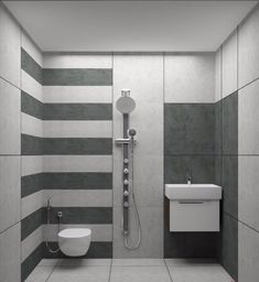 a bathroom with a toilet, sink and shower in it's corner stall area