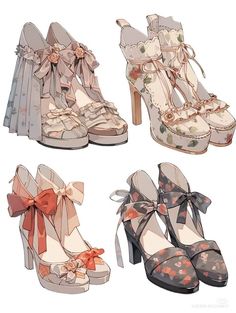 four pairs of high heeled shoes with bows