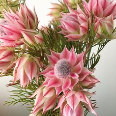 pink flowers are in a glass vase with green leaves on the top and bottom half