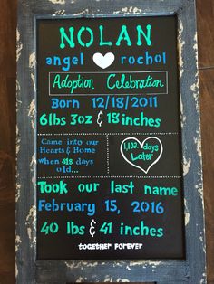 a chalkboard sign that says nolan and an angel's heart on it