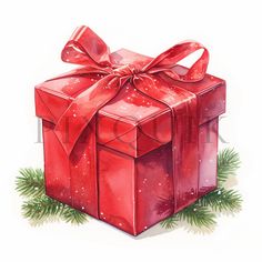 a watercolor drawing of a red gift box with a bow on it's top