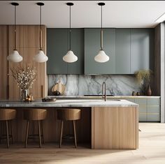 a modern kitchen with marble counter tops and wooden stools in front of the island