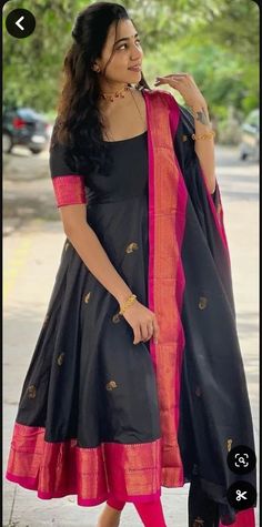 Saree Dress Design Ideas, Paithani Dupatta, Long Frocks For Women, Dress Designs For Stitching, Designer Dupatta, Simple Frock Design, Long Frock Designs, Stylish Kurtis Design, Long Gown Design