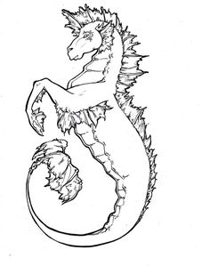 a black and white drawing of a seahorse with its tail curled in the air