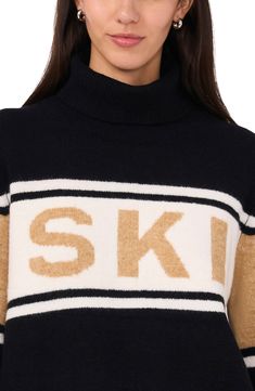 Hit the ski lodge on your next winter holiday and relax in chic style wearing this lovely lettered knit turtleneck. 23" length (size Small) Turtleneck Long sleeves 73% acrylic, 24% polyester, 3% spandex Machine wash, dry flat Imported Ski Lodge, Knit Turtleneck, Winter Holiday, Turtleneck Sweater, Chic Style, Skiing, Turtle Neck, Nordstrom, Long Sleeves