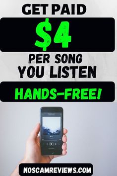 a hand holding a cell phone with the text get paid $ 4 per song you listen hands - free