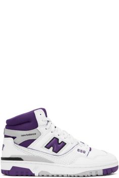 White New Balance Sneakers With Logo, Sporty Purple Leather High-top Sneakers, New Balance Sneakers With Embroidered Logo For Streetwear, New Balance Embroidered Logo Sneakers For Streetwear, Sports High-top Sneakers With Embroidered Logo, High-top Sneakers With Embroidered Logo For Sports, New Balance High-top Sneakers With Embroidered Logo, Sports High-top Sneakers With Logo Patch, High-top Sneakers With Logo Patch For Sports