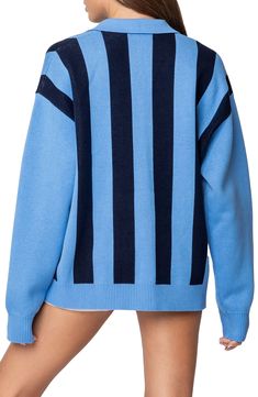 A sporty johnny collar updates a vertical-striped polo-sweater created in an oversized silhouette and emblazoned with an intarsia 80. Johnny collar V-neck Long sleeves Ribbed cuffs and hem 90% cotton, 10% polyester Machine wash, dry flat Imported Oversized Polo Sweater, Polo Sweaters Women, Oversized Polo, Oversized Striped Sweater, Polo Design, Johnny Collar, Sweater Oversize, Swimwear Dress, Polo Sweater