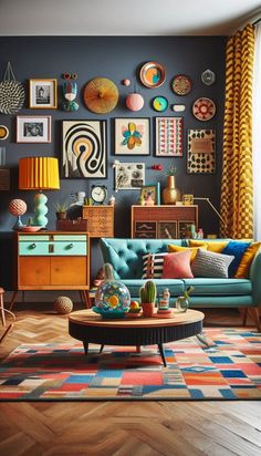 a living room filled with furniture and pictures on the wall