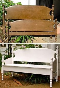 a white bench sitting in front of a house