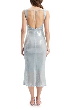 Turn on the glam in this sequin-drenched midi dress cut in a curve-skimming sleeveless silhouette with a flirty keyhole cutout at the neckline. 50" length (size 8) Hidden back-zip closure; ties at back Deep V-neck with ties Sleeveless Lined 92% polyester, 8% elastane Hand wash, dry flat Imported Cocktail Midi Dress, Midi Cocktail Dress, Dress Cuts, Nordstrom Dresses, Deep V Neck, Sequin, Light Blue, Size 4, Midi Dress