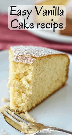 a slice of vanilla cake on a plate with a fork