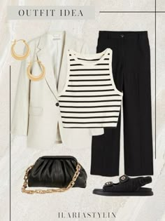 Denim And Stripes Outfit, Black And White Striped Tank Top Outfit, Black And White Top Outfit, Striped Top Outfit Summer, Stripes Top Outfit, Black And White Striped Top Outfit, Black Pants Outfit Casual, Stripe Top Outfit, Striped Top Outfit