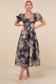 Adorable Tendencies Dark Grey Floral Puff Sleeve Midi Dress Short Graduation Dresses, Winter Bridesmaid Dresses, Casual Formal Dresses, Gathered Bodice, Puff Sleeve Midi Dress, Backless Maxi Dress, Lulu Fashion, Casual Wedding Dress, Backless Maxi Dresses