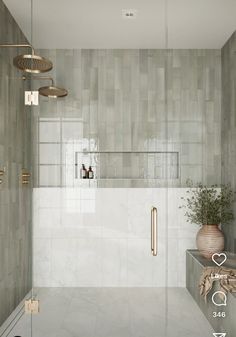 a bathroom with a glass shower door and white tiled walls, along with a potted plant in the corner