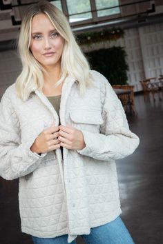 The Magdalena Quilted Shacket in Ecru is the perfect blend of comfort and style. With its quilted design and long sleeves, this shacket will keep you warm and stylish. Complete with a collared neckline, front flap pockets with snap button closures, and a button-down front, this piece is a must-have for any fashion-forward individual! General Info: 97% Polyester, 3% Spandex Hand Wash Cold; Line Dry Quilted Long Sleeves Front Flap Pockets w/ Snap Button Closures Collared Button Down Fit Guide: Shape & Fit: Relaxed Fabric Elasticity: Minimal Stretch Fabric Texture: Quilted, Soft Model Info: Height: 5’8” | Bust: 32” | Waist: 24” | Hip: 35” | Size shown: S Quilted Shacket, Fabric Texture, Clothing Company, Flap Pocket, Snap Button, Stretch Fabric, Must Haves, Fashion Forward, Hand Wash