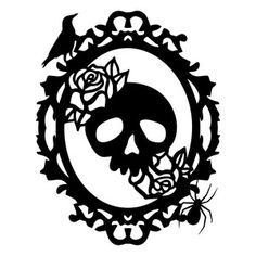 a black and white image of a skull in a frame with roses on it's side