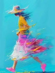 a painting of a woman wearing a hat and colorful dress, walking on the beach