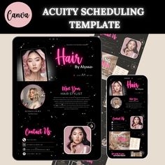 the hair salon flyer template is shown in pink and black