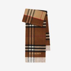 Contrast Check Cashmere Scarf in Archive Beige/birch Brown | Burberry® Official Luxury Cashmere Scarves For Fall, Luxury Cashmere Scarf For Fall, Designer Wool Scarves For Fall, Classic Brown Cashmere Scarf, Luxury Brown Scarves For Winter, Burberry Cape, Burberry Classic, Brown Scarves, Merino Wool Scarf