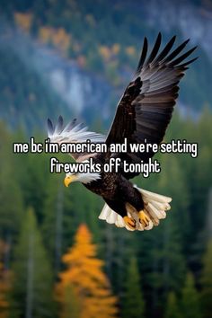 an eagle flying through the air with trees in the background and text that reads, me be