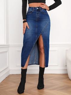 Jean Skirt Outfits Plus Size, Long Jean Skirt Outfits, Black Denim Skirt Outfit, Jean Skirt Outfits, Long Jean Skirt, Moda Denim, Black Leggings Outfit, Denim Skirt Outfits, Long Denim Skirt