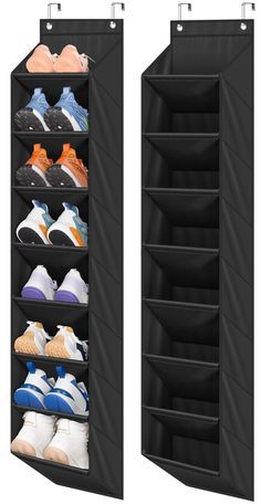 an open shoe rack with multiple pairs of shoes on top and bottom shelves in the middle