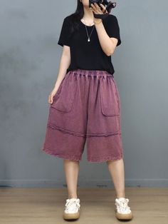 Style: Casual Material: Cotton Pattern: Solid Color Length: Half length Closure Type: Elastic Silhouette: Loose Gender: Female Season: Summer #cotton #BermudaShorts #shorts #Grape Spring Baggy Knee-length Bottoms, Casual Knee-length Bottoms With Pockets, Baggy Knee-length Pants With Pockets, Baggy Knee-length Summer Pants, Casual Baggy Knee-length Pants, Casual Non-stretch Knee-length Shorts, Non-stretch Cotton Shorts With Elastic Waistband, Knee-length Bottoms With Side Pockets For Spring, Casual Solid Knee-length Bottoms