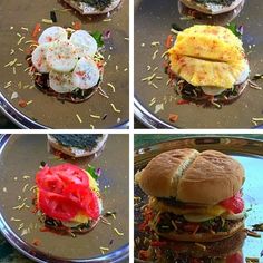 four pictures of different types of food on plates, including burgers and eggs in buns