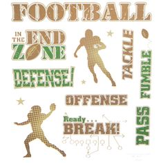 a poster with different sports related items in green and gold on the front, including an image of a football player