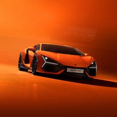 an orange sports car is shown in this artistic photo, it appears to be from the future