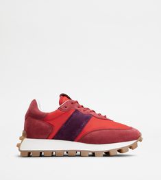 Sneakers in suede and fabric, with Tod's monogram stamped on the tongue an rubber outsole with maxi rubber pebbles. A new contemporary icon, meeting point of sophisticated sporty mood and cult of detailing. The Tongue, Fabric Color, Monogram, Sneakers, Red, Fabric