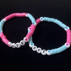 These cute friendship bracelets are hand-crafted by me :) They are made with clay disc beads, and are approximately 7" in size. Clay Bead Bracelet Ideas, Bead Bracelet Ideas, Beaded Friendship Bracelets, Cute Friendship, Clay Bead Bracelet, Blue Clay, Friendship Bracelets With Beads