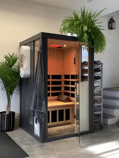 an indoor sauna is shown with plants and towels on the shelves in front of it