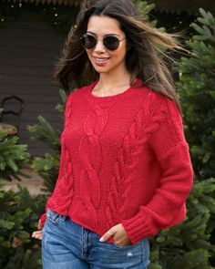 This incredibly soft and cozy style features a cable knit pattern throughout the body. Details include ribbed crewneck and cuffs, with single stitch finish at the hem. The perfect crop top for an easy everyday fall look! Composition: 76% acrylic, 12% Mohair and 12% Wool Cozy Red Cable Knit Cardigan, Red Hand Knitted Crew Neck Sweater, Red Cotton Cable Knit Sweater, Red Cable Knit Crew Neck Top, Red Textured Knit Crew Neck Sweater, Boyfriend Cardigan, Wooden Ship, Cozy Fashion, Fall Looks