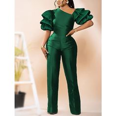 Season:Summer,Spring; Fabric:Polyester; Sleeve Length:Short Sleeve; Look After Me:Hand wash; Gender:Women's; Style:Formal,Elegant; Elasticity:Micro-elastic; Occasion:Prom,Wedding,Party,Going out; Fit Type:Regular Fit; Pattern:Solid Color; Design:High Waist; Neckline:V Neck; Sleeve Type:Puff Sleeve; Special Size:Normal; Jumpsuit Type:Jumpsuit; Front page:FF; Listing Date:03/17/2023; Production mode:External procurement; Bust:; Hips:; Length:; Waist: Slim Jumpsuit, Sequin Jumpsuit, Bodycon Jumpsuit, Fitted Jumpsuit, Jumpsuit Elegant, Green Jumpsuit, Stunning Outfits, One Piece Outfit, Pant Length