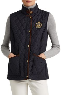 A diamond-quilted vest is accented with a signature LRL crest at the chest for a standout choice in dressing for transitional weather this season. 26" length (size Medium) Stand collar Lined, with 100% polyester fill 100% polyester Dry clean or machine wash, tumble dry Imported Ralph Lauren Style Women, Ralph Lauren Womens Clothing, Ralph Lauren Vest, Ralph Lauren Style, British Outfits, Ralph Lauren Collection, Ralph Lauren Outfits, Quilted Coat, Vest Outfits