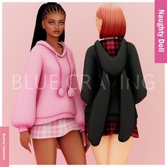 two animated women standing next to each other in front of a pink background with the words bluegraving on it