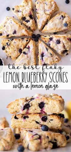 blueberry scones with lemon glaze are stacked on top of each other