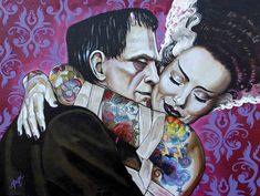 a painting of two people hugging each other