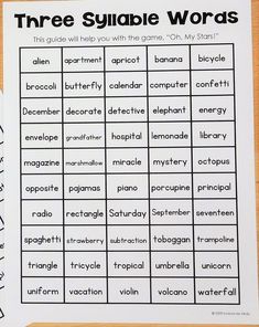 the three sylabe words worksheet is shown on top of a table