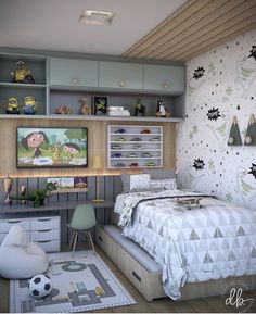 a child's bedroom is decorated in gray and white colors with cartoon characters on the wall