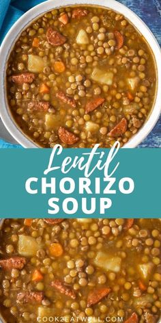 lentil and chorizo soup with carrots in a white bowl on a blue background