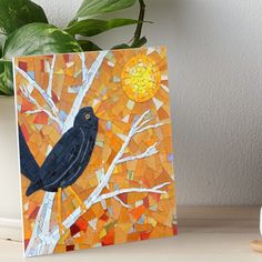 a painting of a black bird perched on a tree branch with the sun in the background