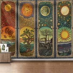 four paneled artwork with trees and animals in the sun, moon and stars on them