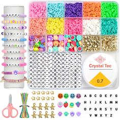 the contents of a craft kit including scissors, beads and other items are shown in this image