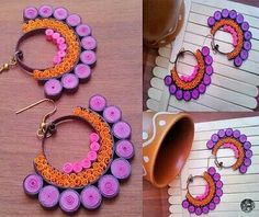 three different pictures of earrings made out of buttons and plastic beads, one is pink and the other is orange